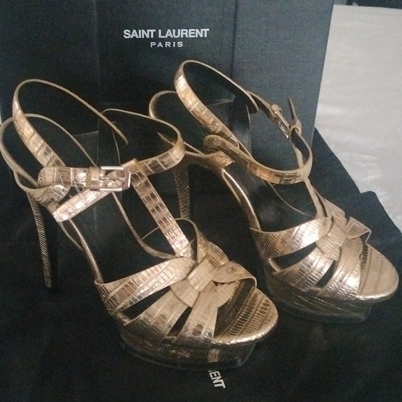 YSL metallic Gold Lizard Embossed Leather Tribute Ankle Strap Platform heels - Picture 10 of 16
